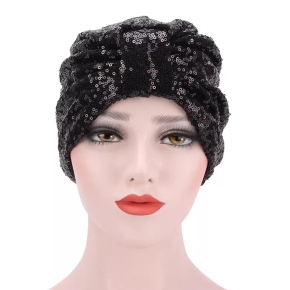 Black Sequin Turban Headpiece - Picture 5 of 5